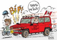 Editorial cartoon from Le Devoir showing Jim Prentice running a cycling Line Beauchamp off the road in a red Jeep.