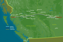 Map showing the proposed route of the Northern Gateway pipeline.