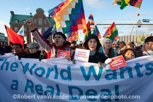 Climate advocates march in Copenhagen asking world leaders to reach a fair, ambitious and binding deal to address climate change. 