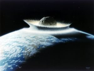 Artist's rendering of a massive asteroid striking Earth.