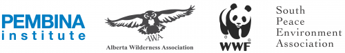 Logos of Pembina Institute, Alberta Wilderness Association, WWF-Canada and South Peace Environment Association.