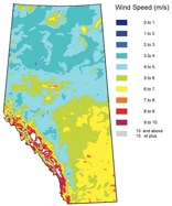 *Wind energy is viable where wind speeds reach 22 to 25 kilometres an hour (six to seven metres per second). Large regions of Alberta have good wind resources. (Source: Canadian Wind Energy Atlas)