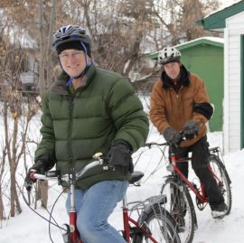 * Green Energy Future's David Dodge and Keith Hallgren of RBF Cycles get ready to try a little winter cycling in the most northerly big city in North America - Edmonton.  Photo Duncan Kinney, Green Energy Futures