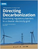 Cover to Directing Decarbonization with deer striding between two wind turbines in a field with transmission lines in the background and mountains in the distance