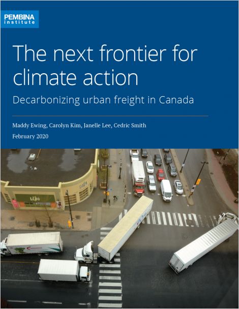 Cover of Decarbonizing urban freight report with semitrucks seen from above on Ottawa street