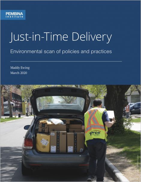 cover of Just-in-Time Delivery report with worker unloading packages from vehicle