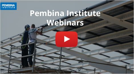 Pembina Institute webinars banner with workers installing solar