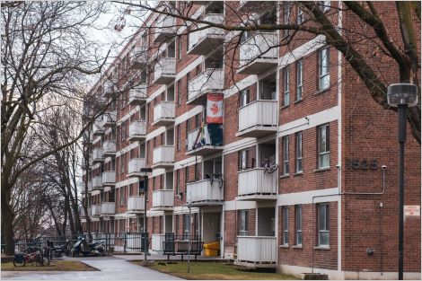 Typical older style brick apartment building in the Little Portugal area of Toronto
