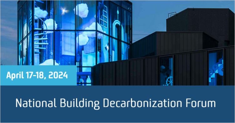 banner for National Building Decarbonization Forum with modern buildings