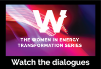 Women in Energy Transformation logo: a white "W" with neon blue and red streaks behind it
