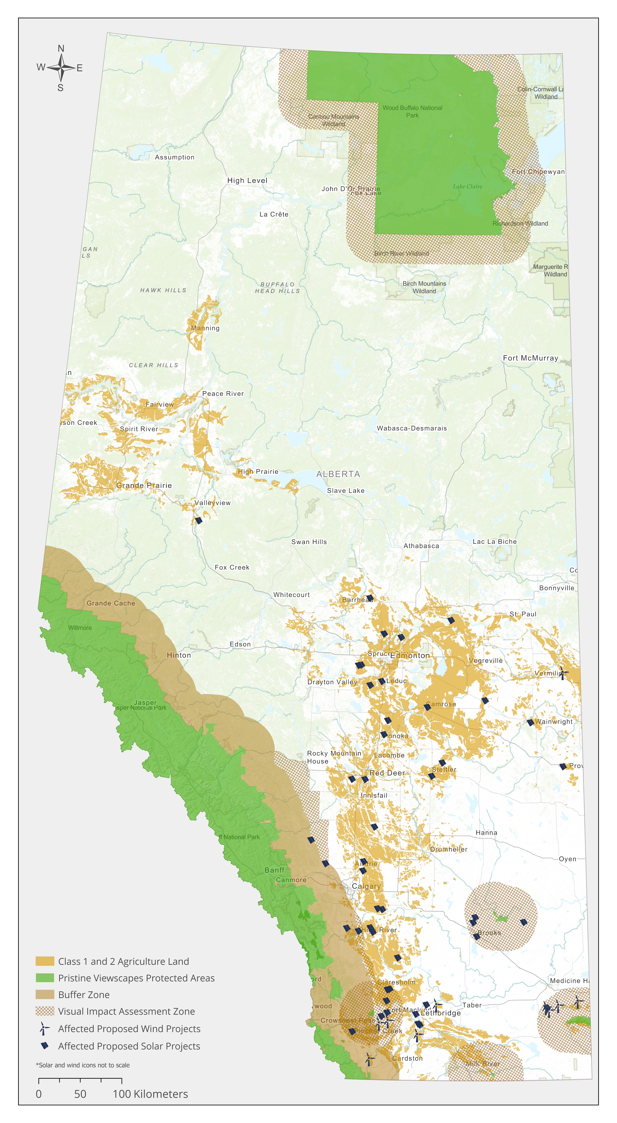 Map of Alberta showing proposed solar and wind projects that could be impacted by new viewscapes and agricultural land restrictions