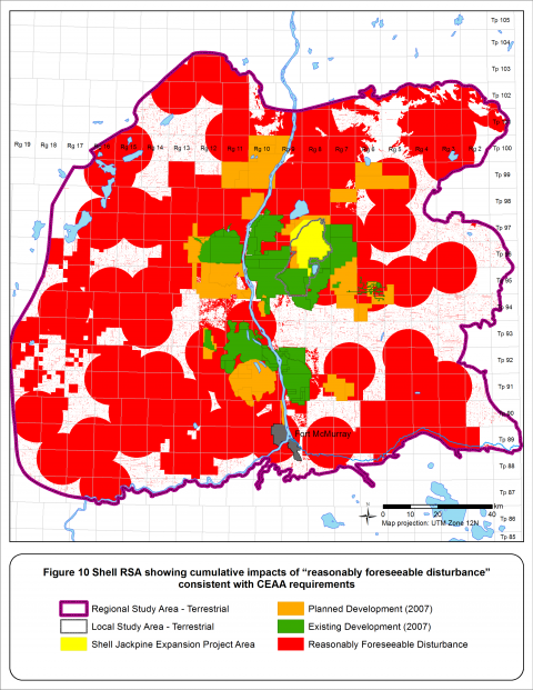 Map of projected impacts of Shell's planned Jackpine oilsands mine expansion. 