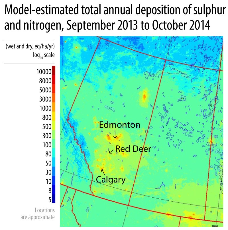 Model-estimated total annual deposition of sulphur and nitrogen, September 2013 to October 2014