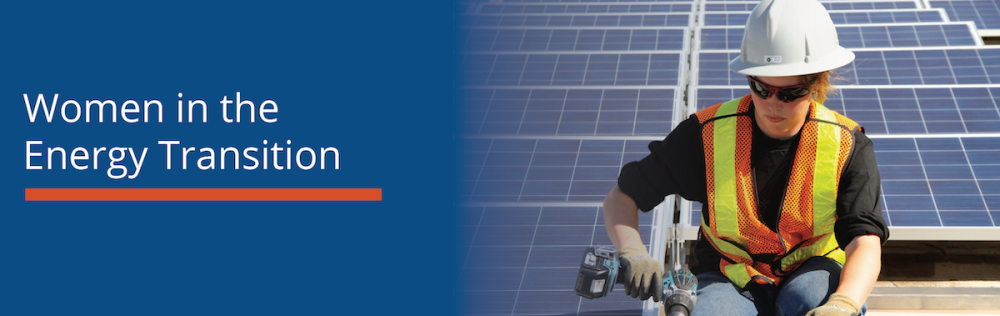 Banner with Rae-Anne Wadey installing solar panels. Text: Women in the Energy Transition. November 24th: Join us for the second event of our national dialogue series.