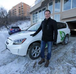 * Kent Rathweel with his RAV4 EV, one of only three in Canada. Rathwell is the CEO of Sun Country Highway a company that sells and installs electric vehicle charging infrastructure.