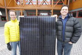 * Banff environmental coordinator Chad Townsend and councillor Grant Canning show one of the solar modules. A local environmental reserve fund has supported energy efficiency measures and now will top up the rates residents and businesses are paid for solar energy produced by solar modules in the town of Banff. Photo David Dodge, Green Energy Futures
