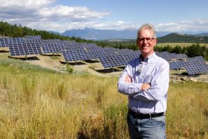 * Current Kimberley mayor Don McCormick at the one megawatt SunMine sun-tracking solar farm on the brownfield of a former mining site. Photo David Dodge, GreenEnergyFutures.ca