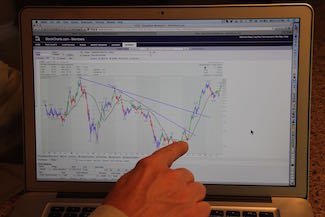 * Greg Schnell, technical analyst, shows the ups and downs of a typical solar stock leader. Schnell looks past the volatility and sees a long-term bull market emerging for solar stocks in general. Photo David Dodge, Green Energy Futures