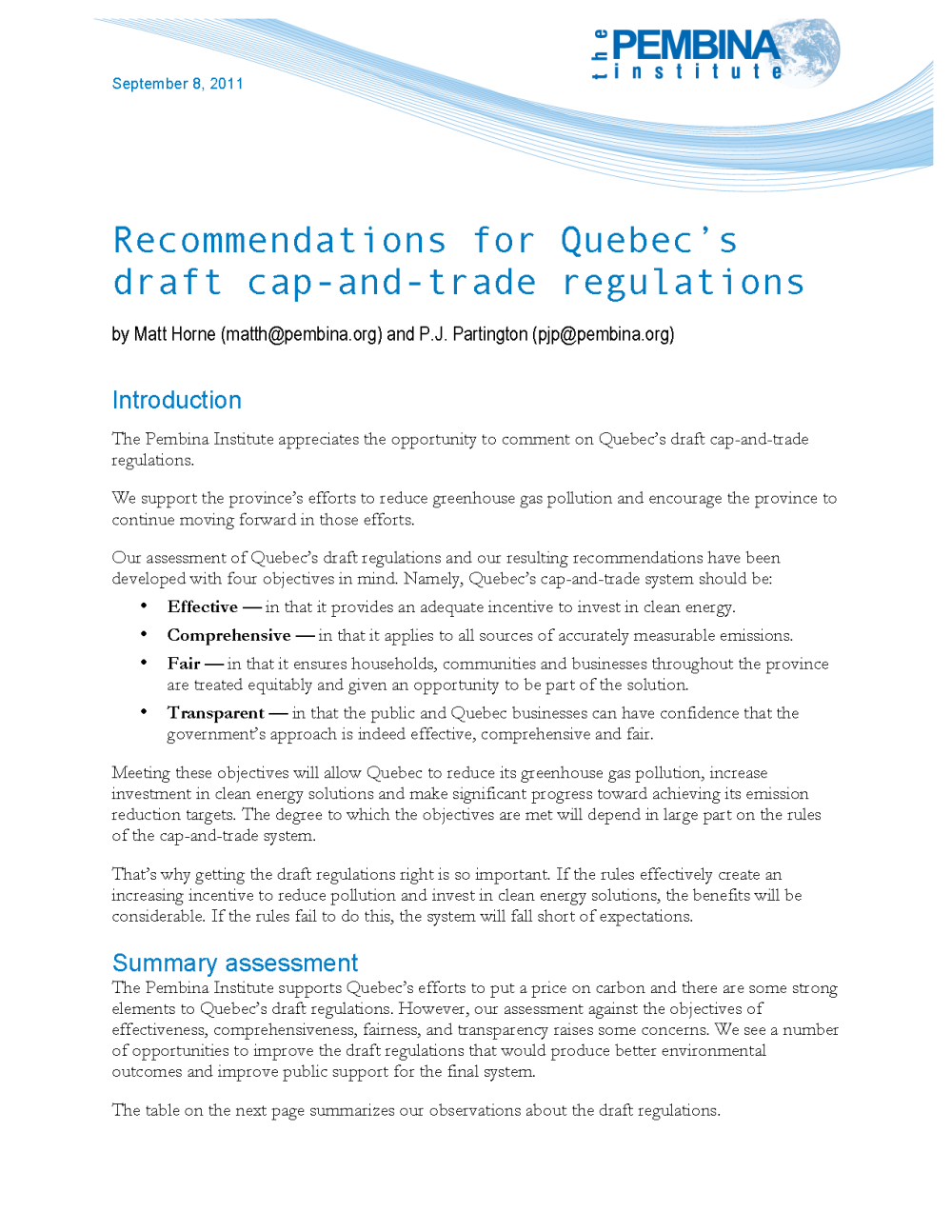 for Quebec's draft capandtrade regulations Pembina