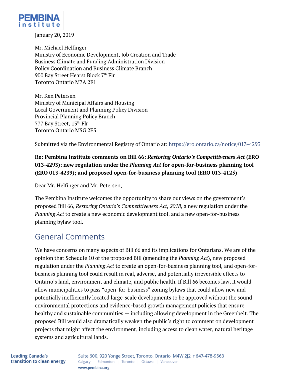 Addressing potential changes to Ontario's landuse policies Pembina