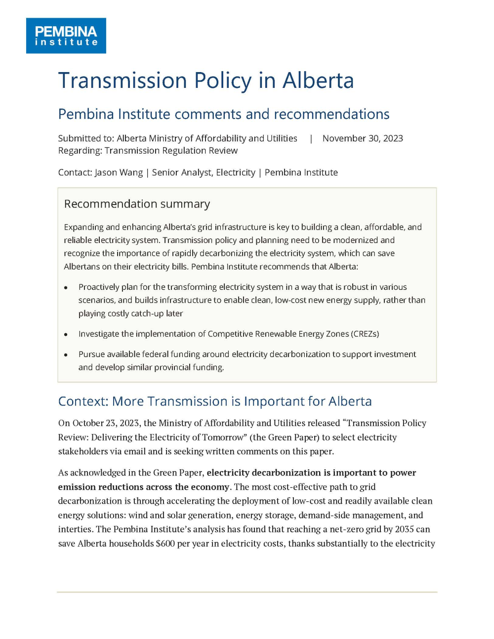 Transmission Policy in Alberta Pembina Institute