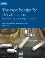 Cover of Decarbonizing urban freight report with semitrucks seen from above on Ottawa street