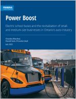 Cover of Power Boost with electric school buses at chargers