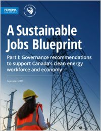 Sustainable Jobs Bluepriint with worker looking at electricity towers