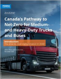 Cover of Canada's Pathways to net-zero for mnedium and heavy-duty trucks and buses, with image of truck on highway