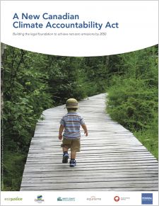 A New Canadian Climate Accountability Act report cover with chld walking on boardwalk