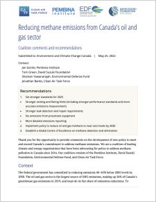 Cover of submission on Reducing methane emissions from Canada’s oil and gas sector