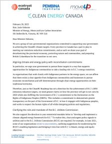 Joint letter with Pembina Institute, Ecotrust Canada, MoveUP and Clean Energy Canada