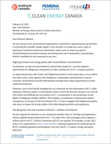 Joint letter with Pembina Institute, Ecotrust Canada, MoveUP and Clean Energy Canada