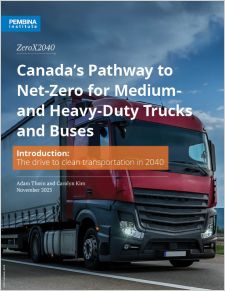 Cover of Canada's Pathways to net-zero for medium and heavy-duty trucks and buses, with image of truck on highway