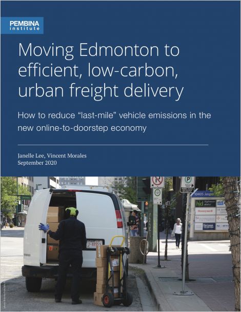Cover of Moving Edmonton to low-carbon urban freight delivery with delivery worker unloading parcels from white van
