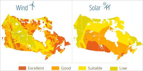 map of wind and solar energy distributed across canada