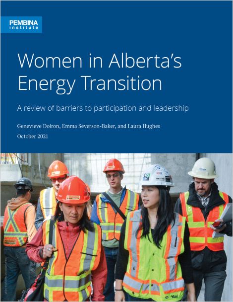 Women in Alberta's Energy Transition cover image. Cover photo is two Asian women in hardhats and high-visibility vests walking towards the camera on a green building construction site.