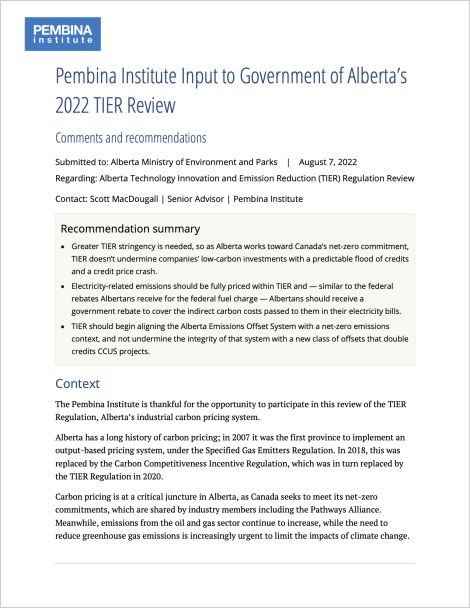 cover of submission on Alberta’s 2022 TIER Review