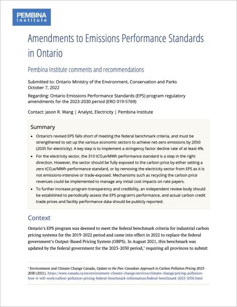 cover of Amendments to Emissions Performance Standards in Ontario