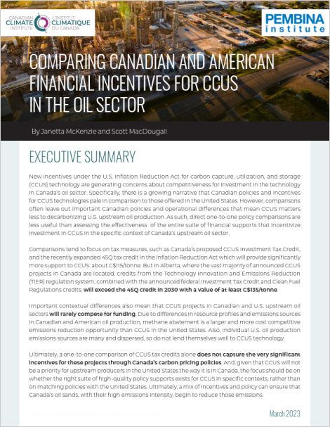 First page of our report, Comparing Canadian and American Financial Incentives for CCUS in the Oil Sector