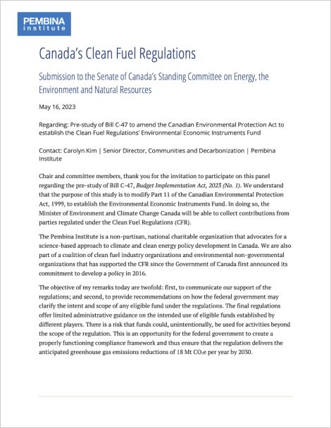 Cover of Canada's Clean Fuel Regulations submission
