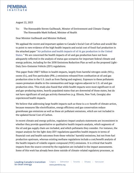 The Pembina Institute is one of seven groups asking the federal government to consider the health impacts of the sector as we develop critical climate policies