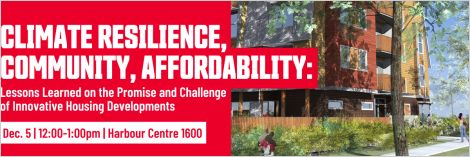 Banner for Climate Resilience, Community, Affordability with mid-rise apartment building