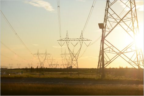 Sunset over electricity transmission lines