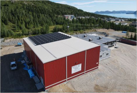 Solar panels over Jeremias Sillit Community Center, Nain, Newfoundland and Labrador. 
