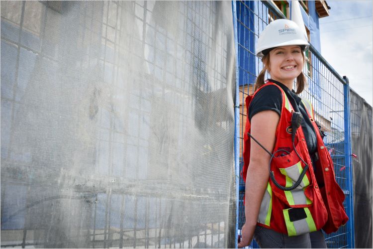 Spire Landing, Passive House rental apartment building, under construction at Fraser Street and East 57th Avenue in Vancouver. July 6, 2018. Photo: Stephen Hui, Pembina Institute.