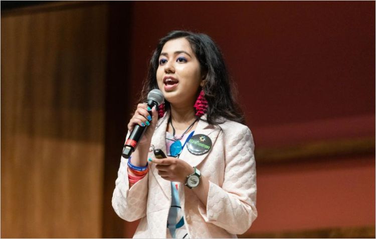 Kehkashan Basu, founder of the Green Hope Foundation, at a public speaking engagement. Photo by United Religions Initiative.