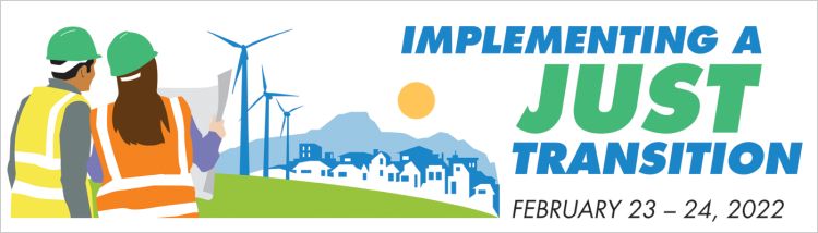 Banner for Implementing a Just Transition, showing workers and wind turbines