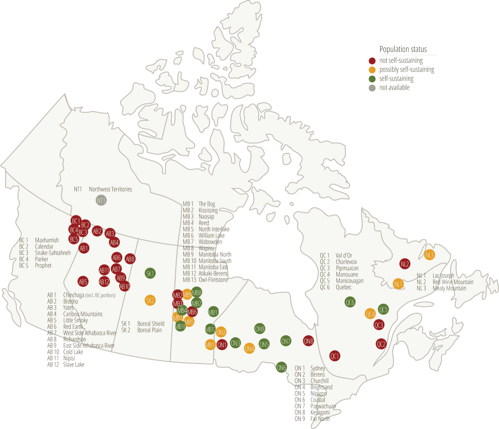 Map of boreal caribou populations across Canada