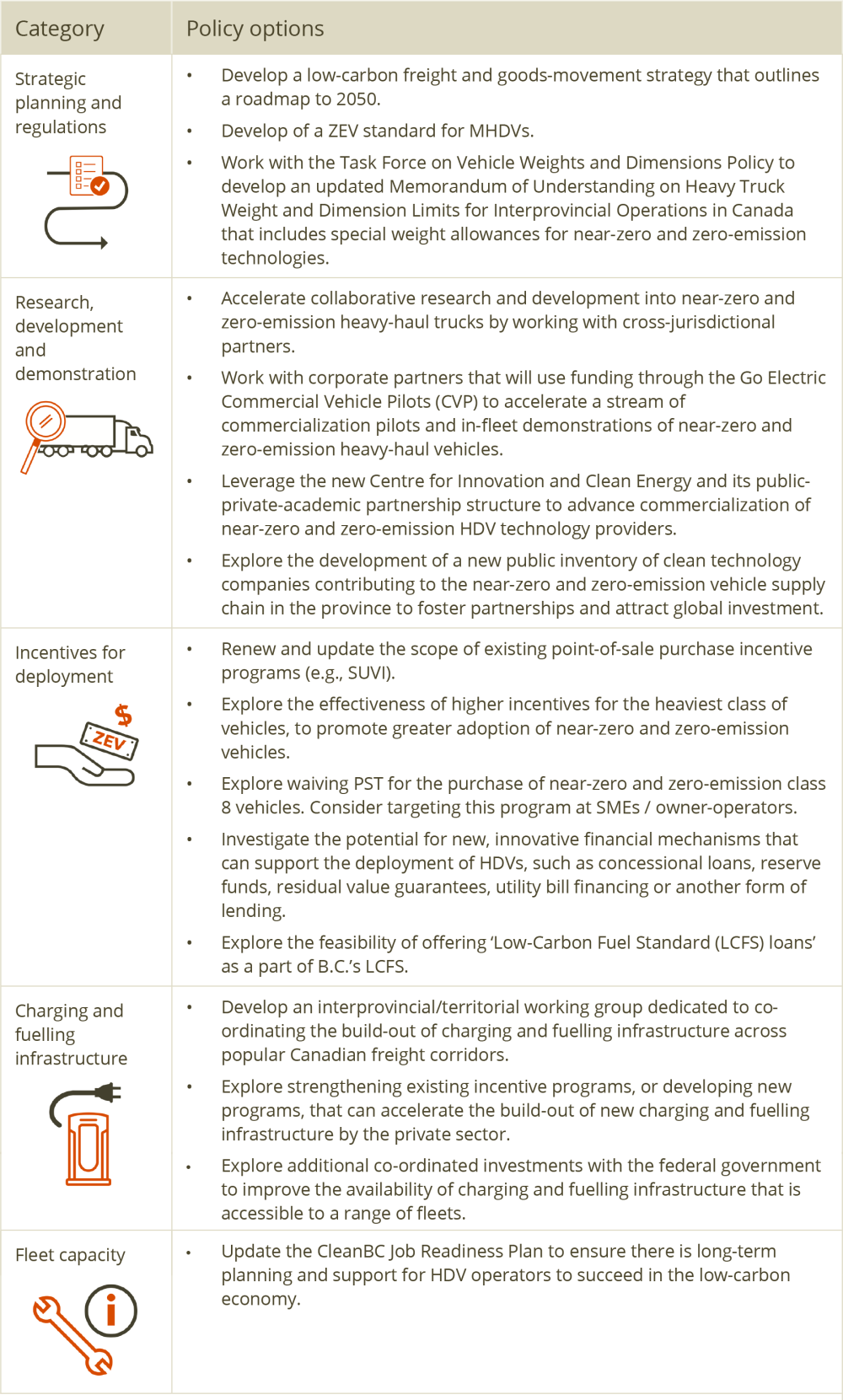 Policy options table